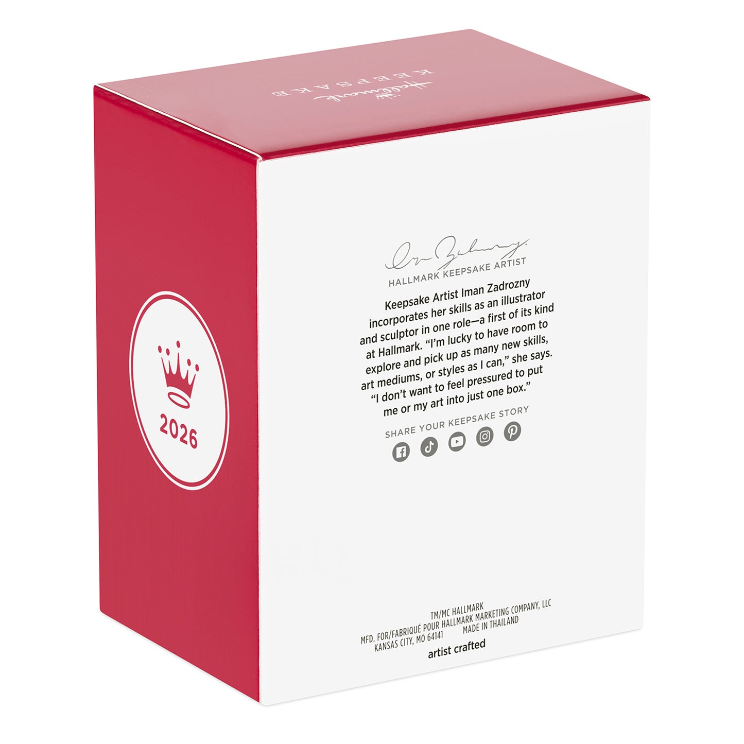 2026 Hallmark Keepsake Christmas ornament packaging featuring artist signature and logo details on a red box.