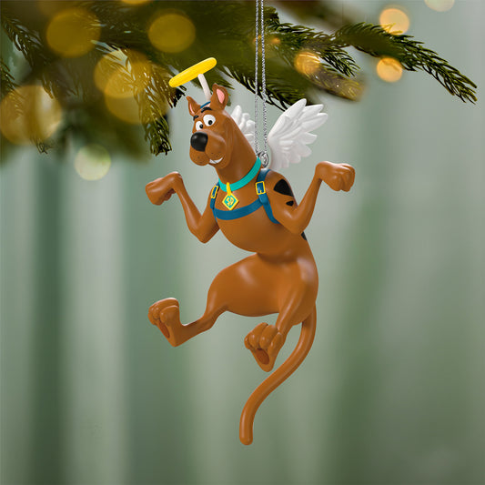 Scooby-Doo™ I've Been Good This Year — 2026 Hallmark Keepsake Christmas Ornament features Scooby in angel wings and halo hanging from a tree branch.