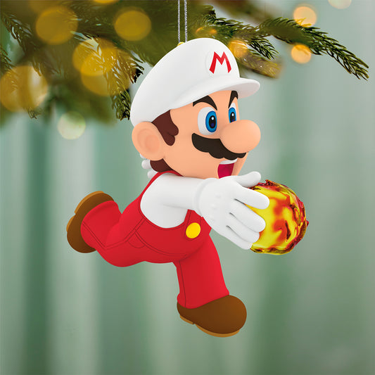 Nintendo Powered Up With Mario Fire Mario, 5th in the Series — 2026 Hallmark Keepsake Christmas Ornament, detailed view of Mario holding a fireball.