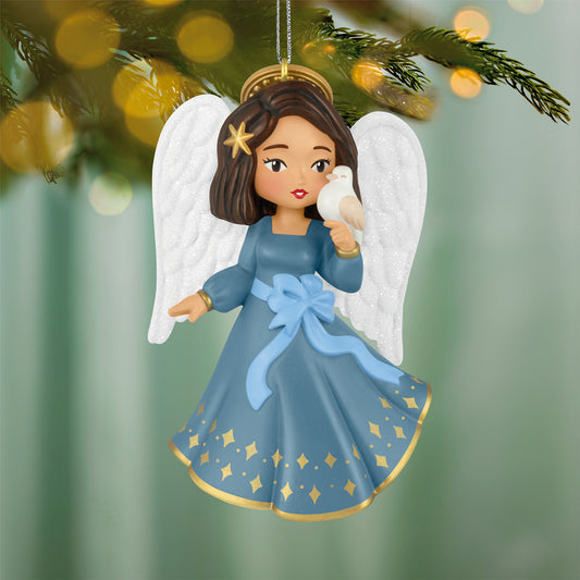 Heirloom Angels, 11th in the Series — 2026 Hallmark Keepsake Christmas Ornament, dusty-blue dress with gold accents and glittery wings, close up
