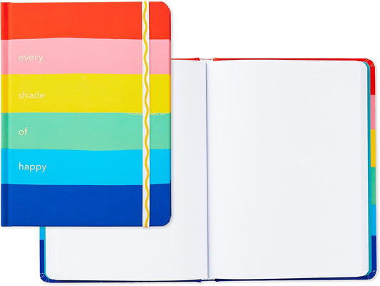 Hallmark Crayola Hardcover Journal, Rainbow (196 Pages) featuring a colourful striped cover and blank pages, open view showing inside.