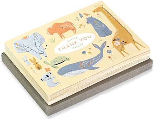 Hallmark Baby Shower Thank You Cards, Painted Animals (20 Cards with Envelopes for Baby Boy or Baby Girl) Elephant, Koala, Giraffe, Whale, Turtle