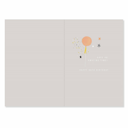 Connections from Hallmark 60th birthday card - 60 AND SO MUCH TO CELEBRATE! featuring inside message with balloon illustration and stars.