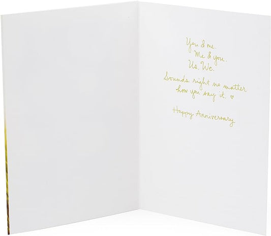 Hallmark Signature Anniversary Greeting Card (Wooden You & Me) open view showing gold lettering message and white interior details.