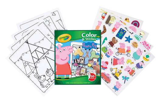 Crayola Peppa Pig Color & Sticker activity kit showing the green and yellow product box in the center, flanked by black-and-white coloring pages on the left and a sheet of colorful stickers on the right, all on a white background.