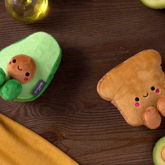 Avocado and Toast Magnetic Plush – Better Together, plush food characters with cute embroidered details, flat lay view.