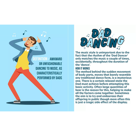 The Book Of Dad illustrating dad dancing with a fun cartoon dad, showcasing awkward dance moves and playful style.