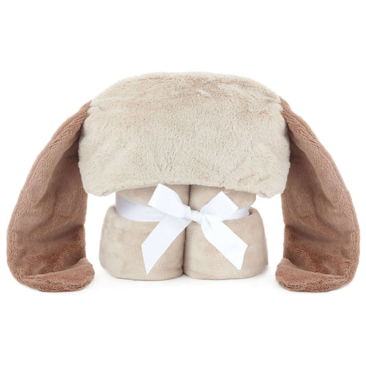 Baby Bunny Hooded Blanket With Pockets in plush fabric, featuring bunny ears and a decorative ribbon, displayed in a front view.