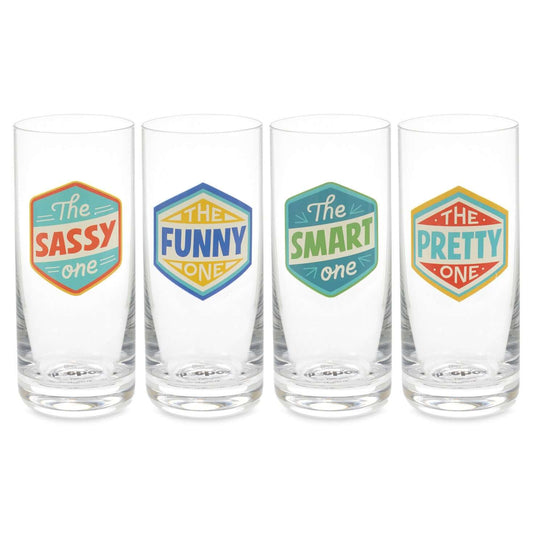 Badges of Honor funny drinking glasses, set of 4, featuring colourful 'sassy', 'funny', 'smart', and 'pretty' badges in a close-up view.