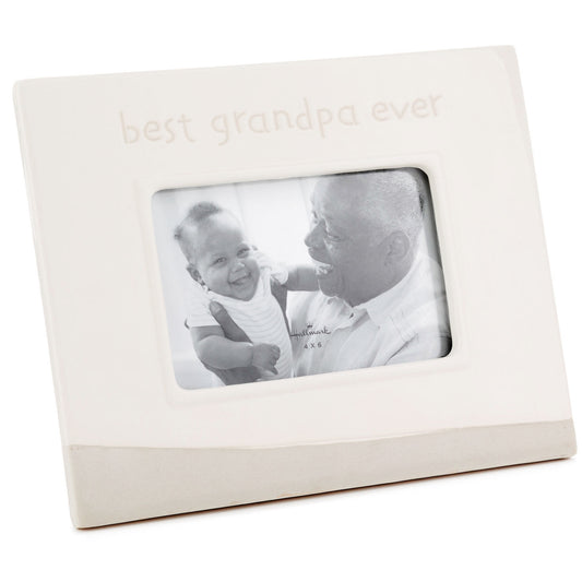 Best Grandpa Ever Picture Frame, 4x6, two-tone ceramic frame with debossed lettering, showcasing a photo of grandpa with grandchild.