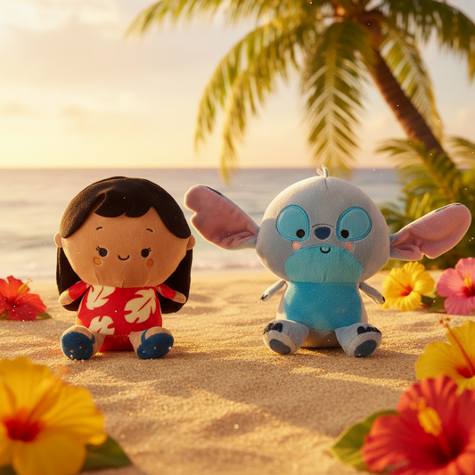Better Together Disney Lilo & Stitch Magnetic Plush, 5.25" in a tropical setting with flowers and ocean backdrop.