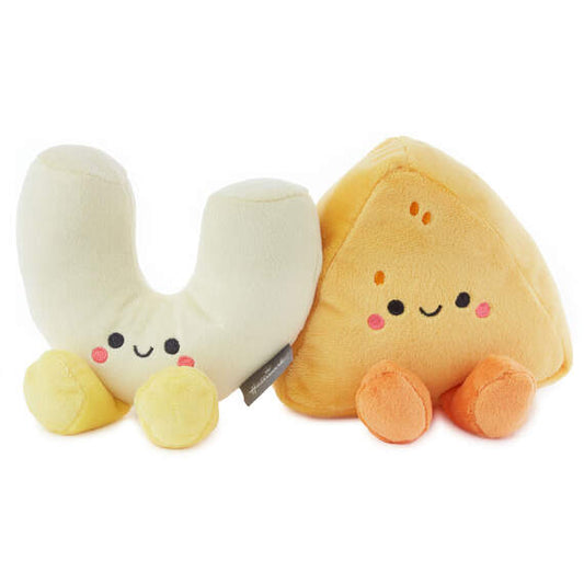 Mac & cheese, magnetic plush pair - better together, cute food characters with embroidered details, close-up view.