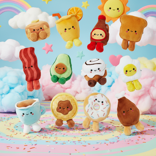 Mini Better Together Mystery Box Magnetic Plush, Series 1 displays adorable plush breakfast food characters against a colourful background.
