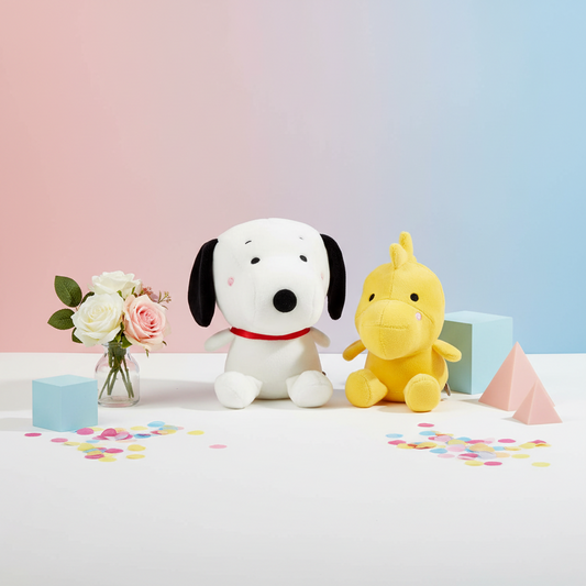 Peanuts® Better Together — Snoopy and Woodstock Magnetic Plush, 5.25" featuring a white dog and yellow bird, with confetti and flowers in a cheerful setting.