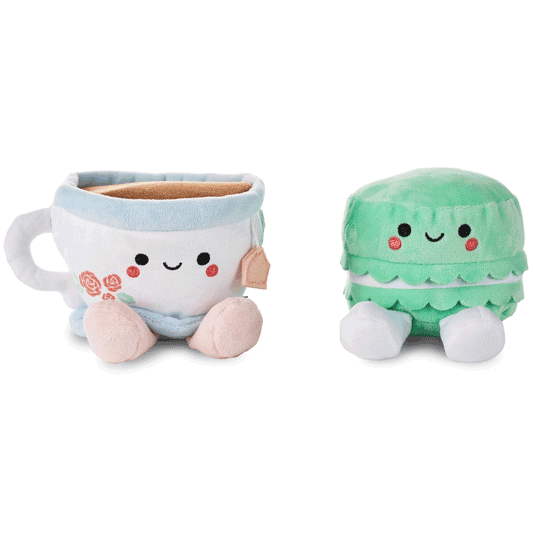 Better Together Teacup and Macaron Cookie Magnetic Plush Pair, 3.5" in pastel colours, featuring cute embroidered details and a plush texture.
