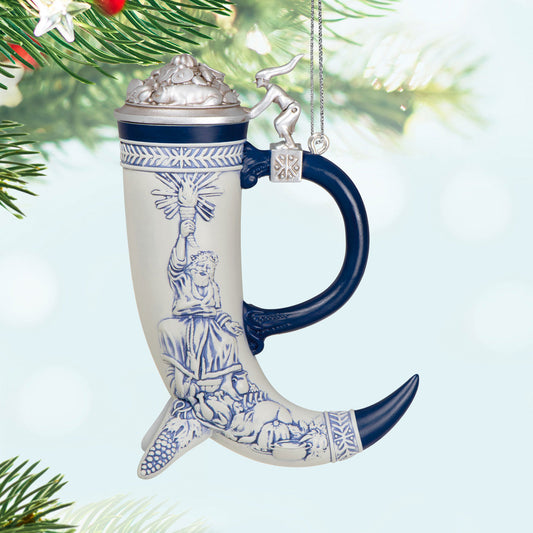 Beer Stein — Hallmark Keepsake Christmas Ornament, ceramic, blue and white design, close-up view of intricate artwork.