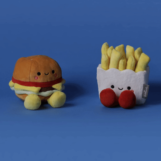 Burger and Fries Magnetic Plush – Better Together, adorable plush duo with embroidered details on a blue background.