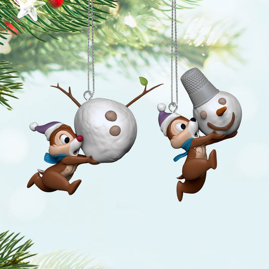Disney Chip and Dale, Up to Snow Good, set of 2 — Hallmark Keepsake Christmas ornaments, hanging snowman detail, vibrant colours