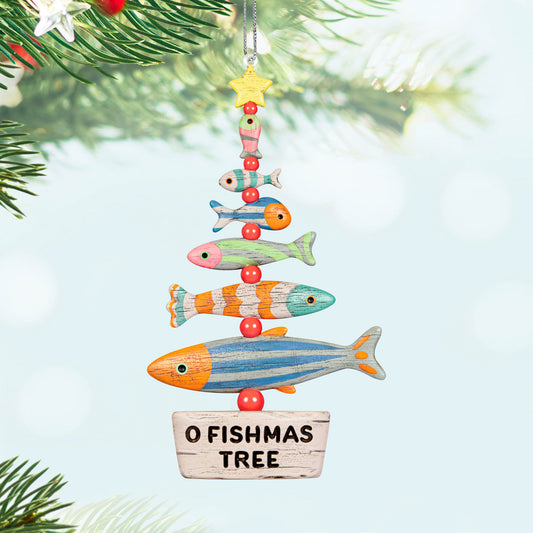 O Fishmas Tree — Hallmark Keepsake Christmas Ornament featuring colourful fish and star, hanging on a Christmas tree branch.
