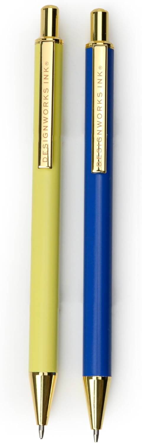 Mechanical pencils Cobalt & Citron (set of 2) featuring vibrant blue and green barrels with gold accents, angled view.