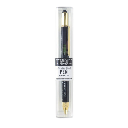 Black pen packaged in clear box, featuring a multi-tool design with metallic gold accents and a mini level.