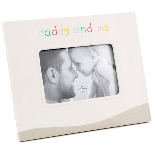 Daddy & Me Picture Frame, 4x6 in white and raw ceramic, featuring debossed coloured lettering and a photo of dad with child.