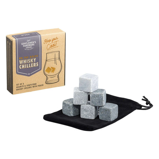 Whisky chillers set of 6 granite and soapstone stones in a pouch with packaging, ideal for chilling drinks without dilution.