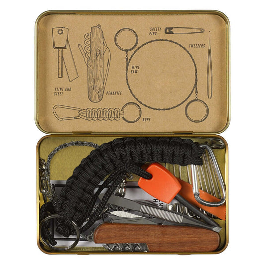 Survival kit in a branded tin featuring essential outdoor tools including a fire starter, penknife and safety pins.