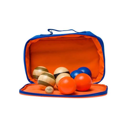 Bocce ball/boules set in a travel case featuring six colourful balls, with orange lining and blue outer casing.