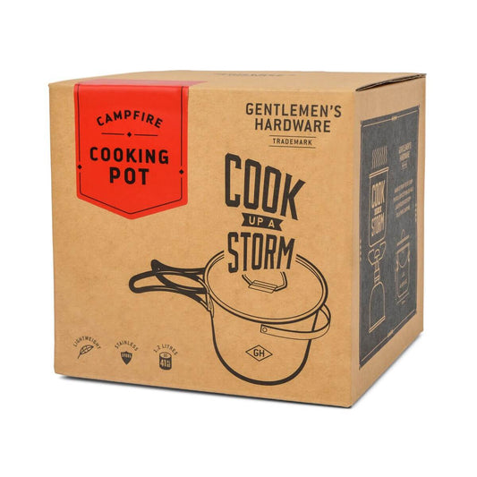 Campfire cooking pot packaging box with a design featuring black graphics and red logo, showcasing product details and brand.