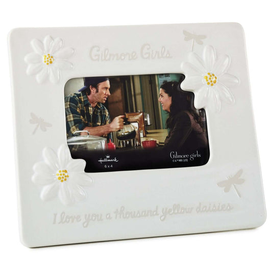 Gilmore Girls Thousand Yellow Daisies Picture Frame, 4x6, white ceramic with embossed daisies and dragonflies, angled view