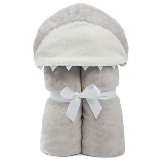 Shark hooded baby blanket in grey and white with a plush shark head and adorable teeth, tied with a ribbon.