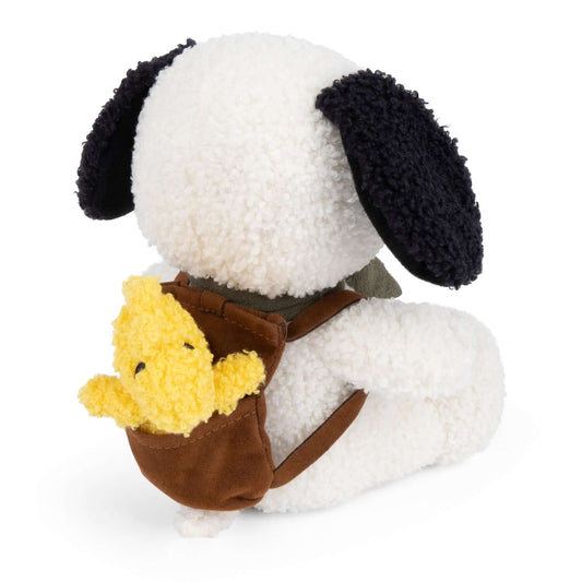 Peanuts® Snoopy with Woodstock in Backpack - 20 cm - 8" plush toy in a backpack with detailed stitching and fluffy texture.