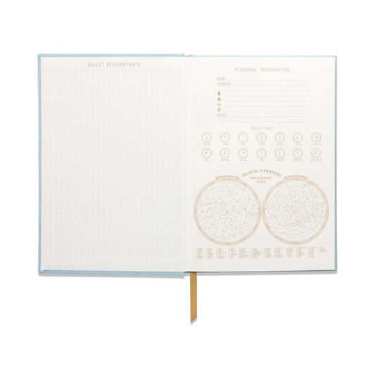 Hard Cover Suede Cloth Journal W/Pocket - Arch Dot Blue, open interior view showcasing bullet key and personal information pages.