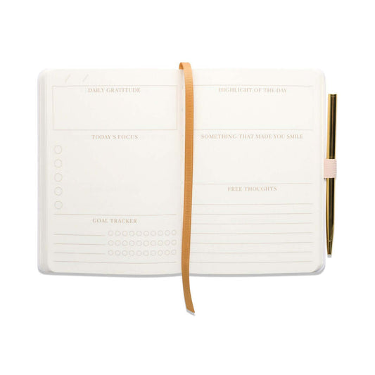 Gratitude Journal - Pause with guided prompts, ribbon marker, and pen, open flat layout showing interior pages and sections.