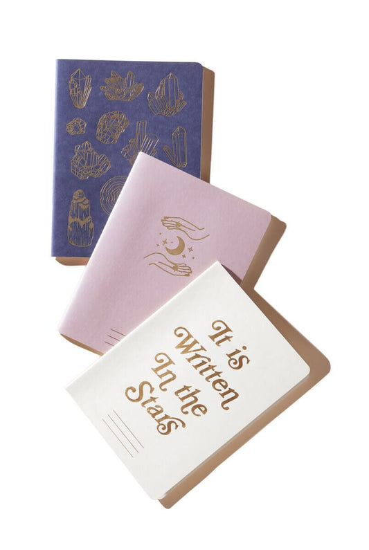 Flex Notebooks Saddle Stitch Spine Mystic (set of 3) in pastel colours with decorative gold details, displayed together.
