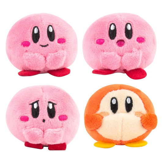 Kirby Plush Cuties-Mystery Box, soft pink plush characters, variety of expressions, close-up view of four mini plush toys