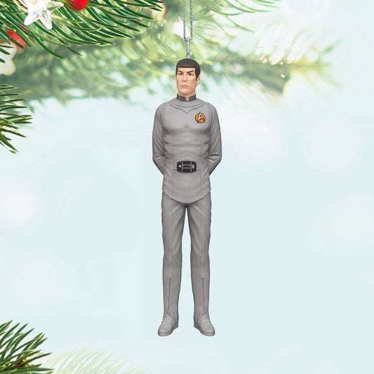 Star Trek™: The Motion Picture Spock (Miniature) — Hallmark Keepsake Christmas ornament in grey Starfleet uniform, hanging on a tree.