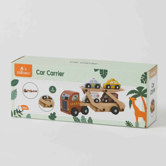 Car Carrier wooden truck toy in packaging with four small vehicles, featuring a vibrant design and eco-friendly materials.