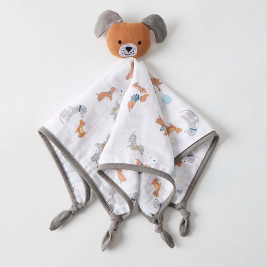 Puppy hamper gift set featuring a puppy comforter with playful dog designs, flat lay view, soft cotton material.