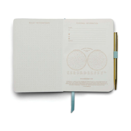 Vintage Sass Notebook with Pen - What The Shell interior pages featuring personal information layout and gold pen, flat lay view.