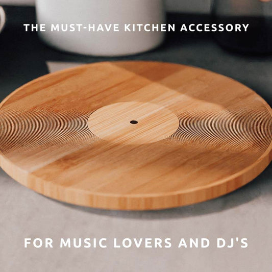 Pikkii - 12 inch record bamboo chopping board, round design with laser engraved grooves, flat lay view showcasing unique surface.