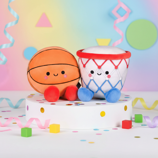 Better Together Basketball and Hoop Magnetic Plush Pair, 6" H on a fun, colourful backdrop with confetti.