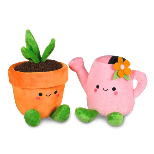 Better Together Watering Can and Plant Magnetic Plush Pair, 4.5" in pink and orange, featuring cute embroidered faces and weighted bottoms.