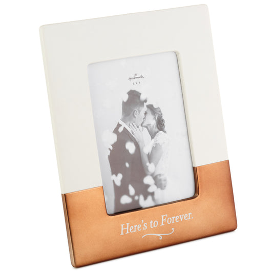 Here's to Forever Picture Frame, 5x7 ceramic with bronze accents, showcasing a couple in love, angled view.