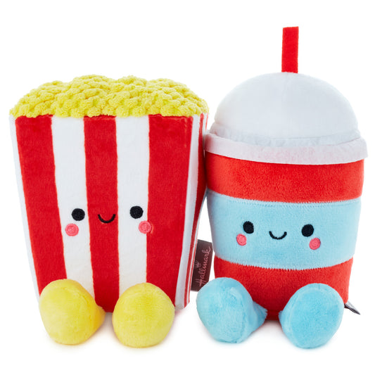 Popcorn and Slushie Magnetic Plush – Better Together, colourful plush food characters with embroidered faces, flat lay display.