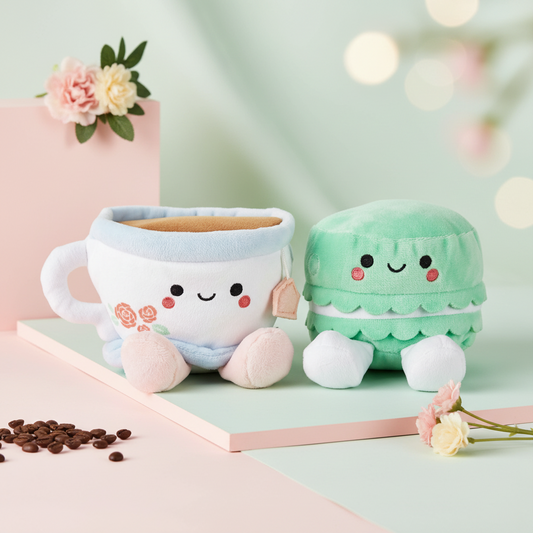 Better Together Teacup and Macaron Cookie Magnetic Plush Pair, 3.5", close up view of cute plush characters on pastel background