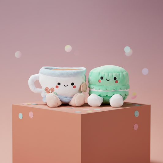 Better Together Teacup and Macaron Cookie Magnetic Plush Pair, 3.5" on display, featuring embroidered details and a soft pastel colour scheme.