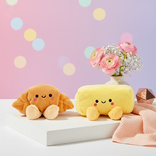 Better Together Croissant and Butter Magnetic Plush Pair, 2.5" in a lifestyle scene with pastel background and flowers.