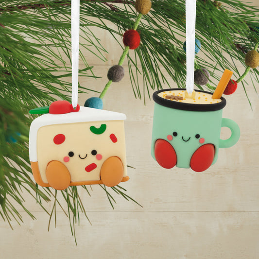 Better Together Fruitcake and Eggnog Magnetic, Shatterproof, Set of 2 Christmas ornaments hanging on pine branches showing playful design